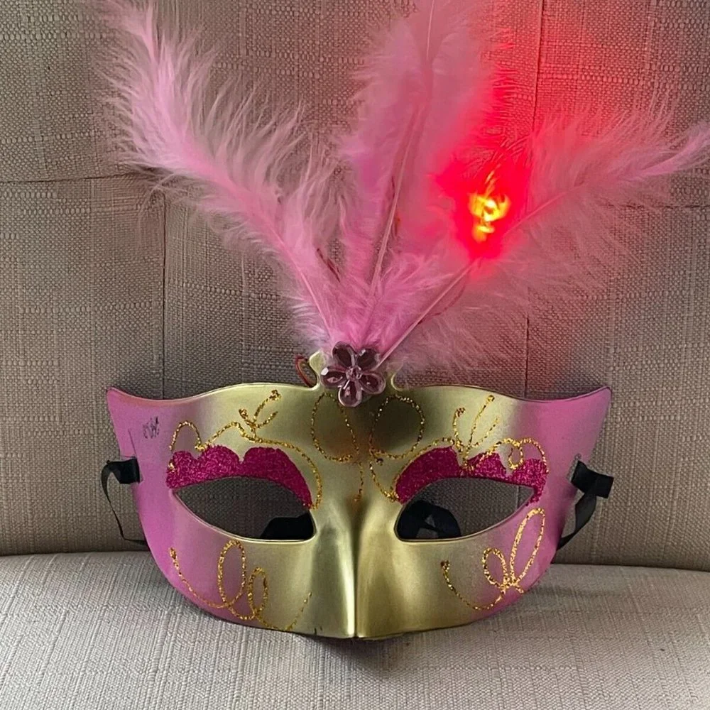 Halloween Party Mask Light Up Eyemask Masquerade Mask Faux Pink Feather Mask
